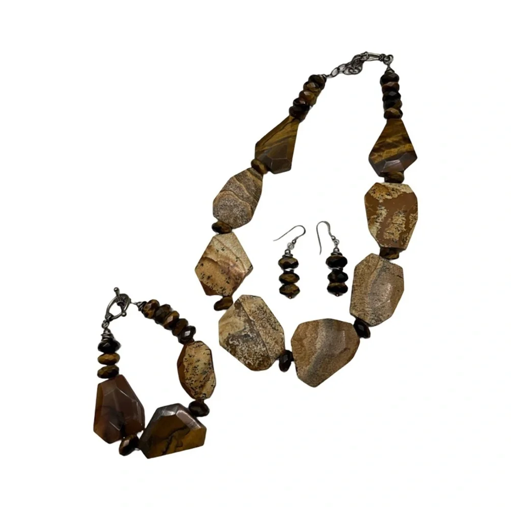 Natural Stone & Tiger Eye 3 pc Statement Beaded Necklace Earrings Bracelet Brown